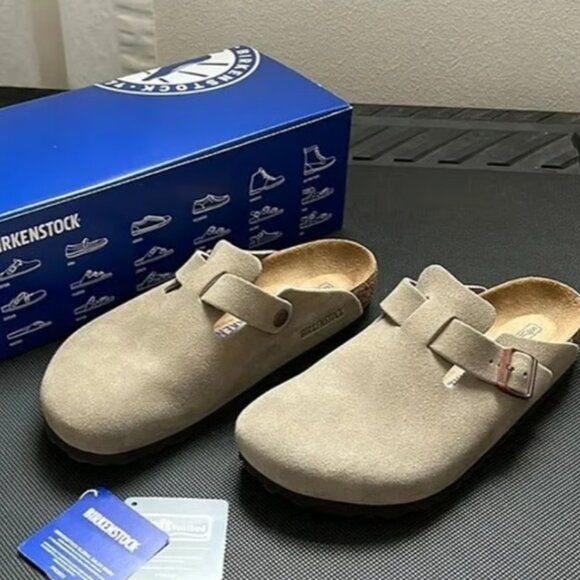 New Birkenstock Boston Ladies taupe suede clogs slipper - Picture 1 of 5